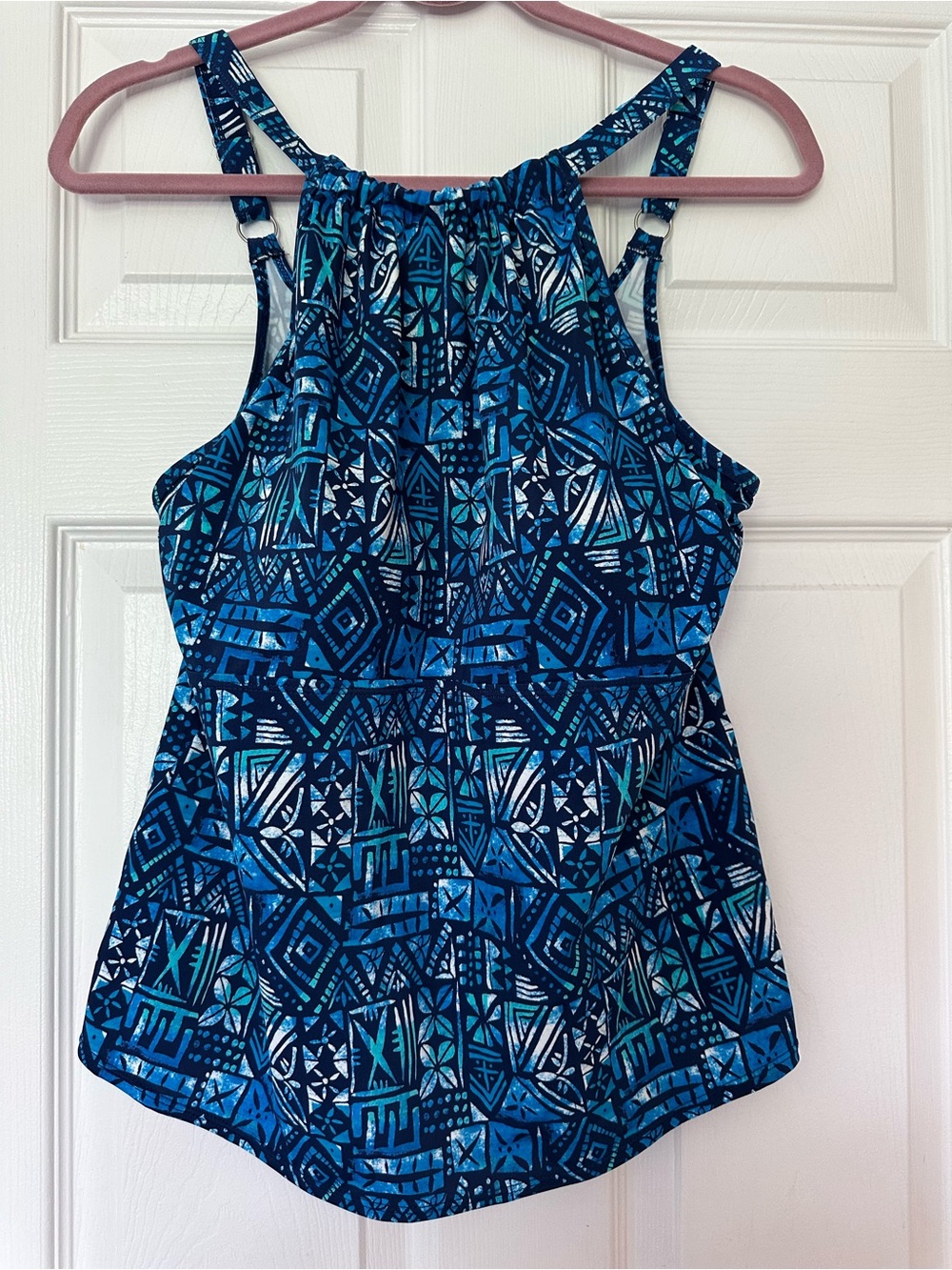 D & Co. Beach Blue Geometric High-Neck Swim Tankini Top Women size 14